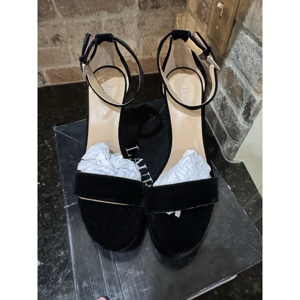 Lauren Ralph Lauren Sylvia black suede platform sandals open toe Size‎ 9.5